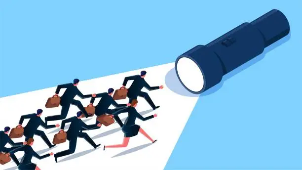 Vector illustration of Business direction or career direction guidance and advice, illuminating the path ahead, solutions, light and hope, a group of businessmen running hard under the light illuminated by a flashlight