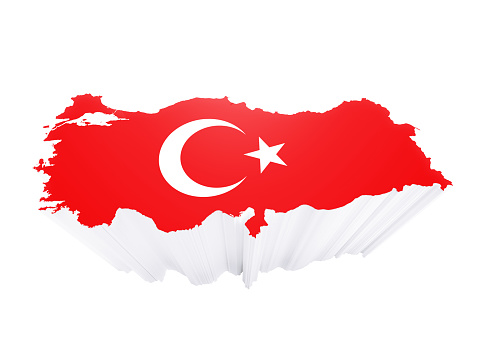 Geographical border of Turkey textured with Turkish flag on white background. Horizontal composition with clipping path.