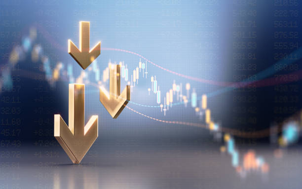 istock Gold Colored Arrow Moving Down Before Blue Financial Graph 1506402702