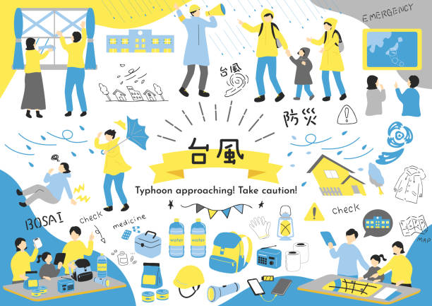 stockillustraties, clipart, cartoons en iconen met typhoon, disaster preparedness illustration materials collection - tyfoon