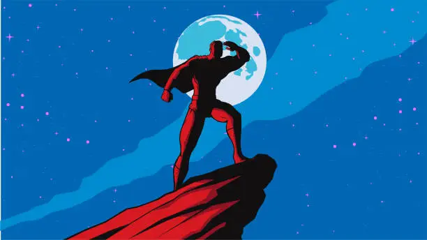 Vector illustration of Vector Retro Art Deco Superhero Silhouette Looking at Far Away  with night sky in the Background Stock Illustration