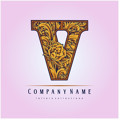 Floral V monogram letter elegant engraved ornament illustrations vector illustrations for your work logo, merchandise t-shirt, stickers and label designs, poster, greeting cards advertising business company or brands