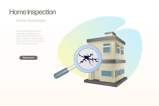 Home building inspection. Magnifying glass detect cracked on wall. Defected house or unqualified building. 3D Vector.