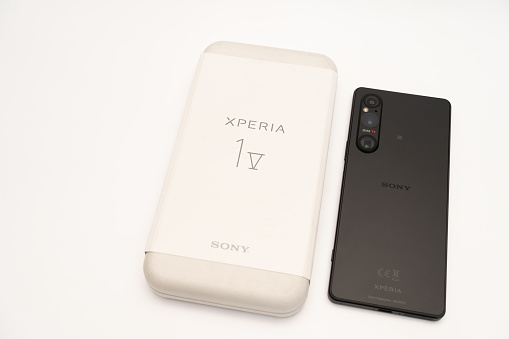 Sony Xperia 1 mark 5 or Sony Xperia 1V with paper packaging, recyclable paper ware, zero waste packaging concept. a new technology and packaging from Sony.