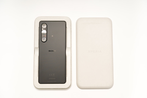 Sony Xperia 1 mark 5 or Sony Xperia 1V with paper packaging, recyclable paper ware, zero waste packaging concept. a new technology and packaging from Sony.