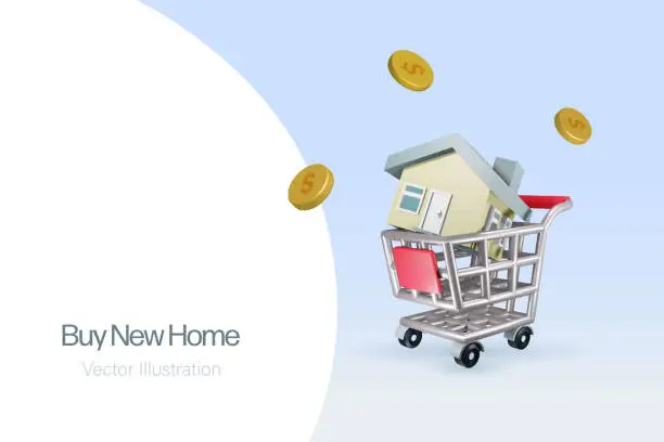 Vector illustration of Home in shopping trolley cart. Buy new house, mortgage and real estate investment concept. 3D vector.