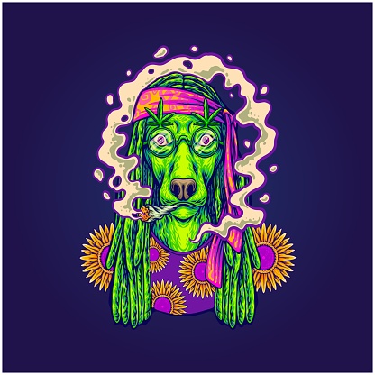Hippie dog smoking cannabis joint bohemian illustrations vector illustrations for your work logo, merchandise t-shirt, stickers and label designs, poster, greeting cards advertising business company or brands