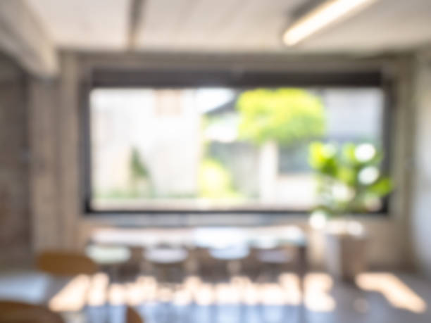 istock Abstract blurred modern cafe workspace, indoor interior restaurant space, loft style furniture and the large glass window with the light. Blurry backgrounds for advertising and business presentation. 1506494900