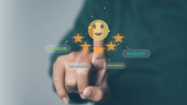 istock Man hand touching happy smile face positive mindset selection for feedback review satisfaction service. rating very impressed. Best quality. Customer satisfaction experience concept. copy space. 1506506138