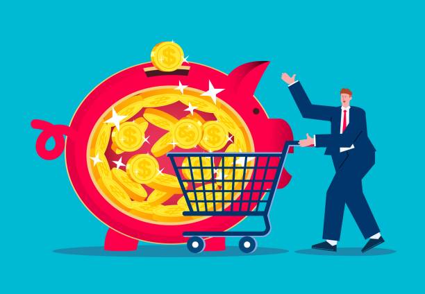 ilustrações de stock, clip art, desenhos animados e ícones de money management and investment, savings and interest, wealth management, financial financial planning, businessman pushing a shopping cart next to a savings jar filled with gold coins in his stomach - coin stacking vector part of
