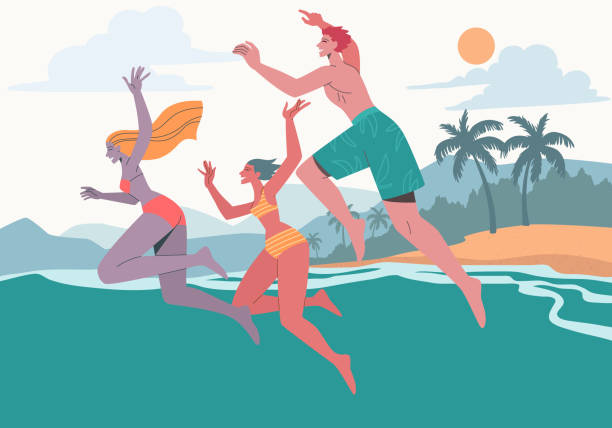 ilustrações, clipart, desenhos animados e ícones de um jovem grupo de amigos pulando no mar. divirta-se e refrescar-se em um dia quente de verão. ilustração de design vetorial. - fun tourist resort beach group of people