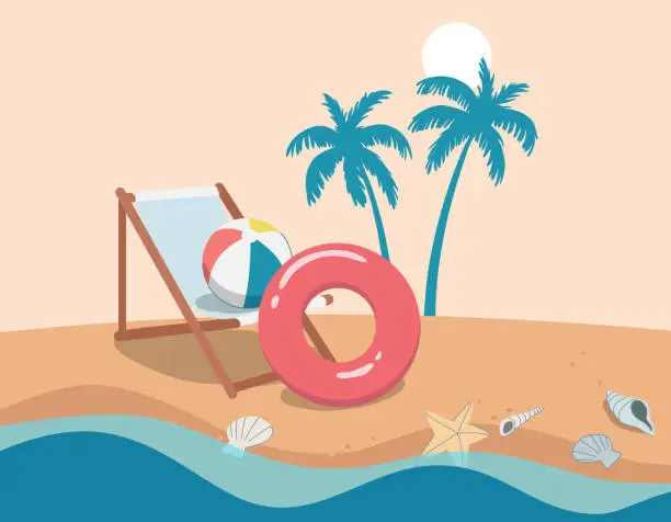 Vector illustration of Happy summer background, beach chair with a ball, red inflatable ring, sea shell on the beach. Vector design illustration.