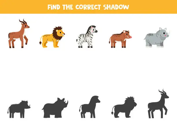 Vector illustration of Find shadows of cute African animals. Educational logical game for kids.