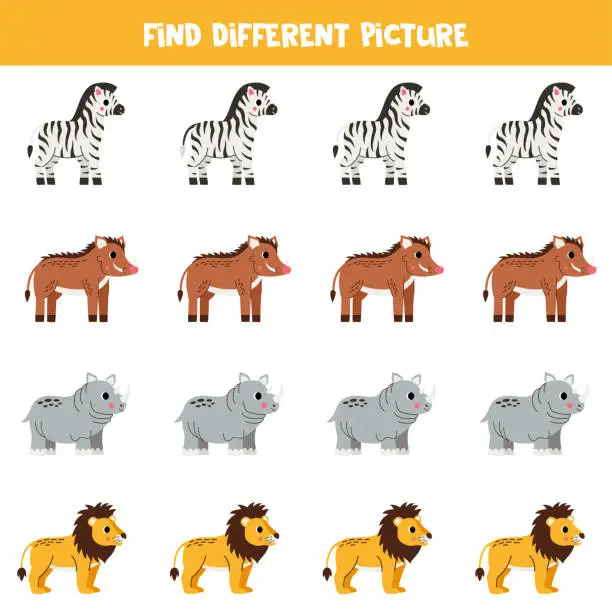 Vector illustration of Find different African animal in each row. Logical game for preschool kids.