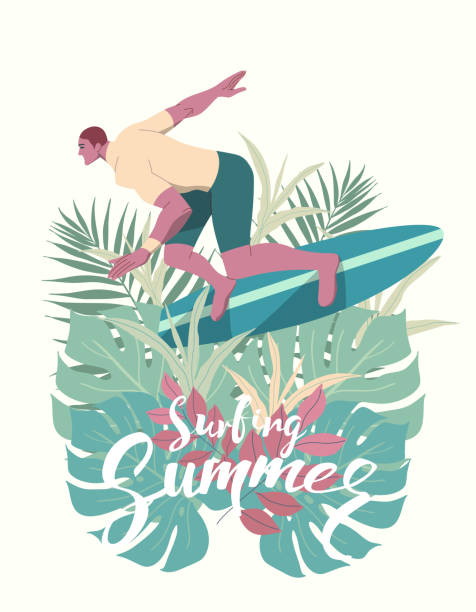 istock Young man in swimsuit ride surfboard on Colorful tropical leaves summer, Template with place for banner, text. Vector design illustration. 1506549422