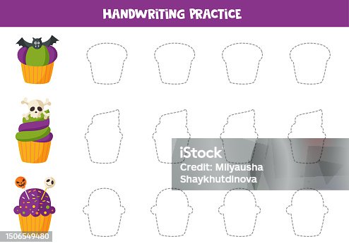 istock Handwriting practice with cartoon Halloween cupcakes. Tracing lines for preschoolers. 1506549480