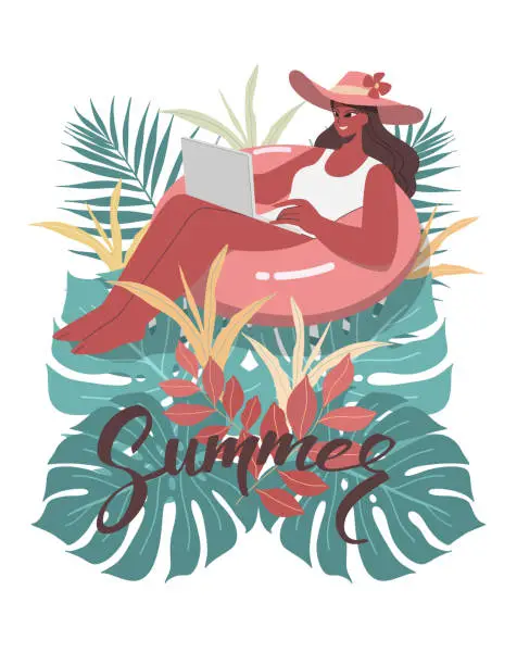 Vector illustration of Young woman in swimsuit working with laptop on inflatable ring and on Colorful tropical leaves summer, Template with place for banner, text.