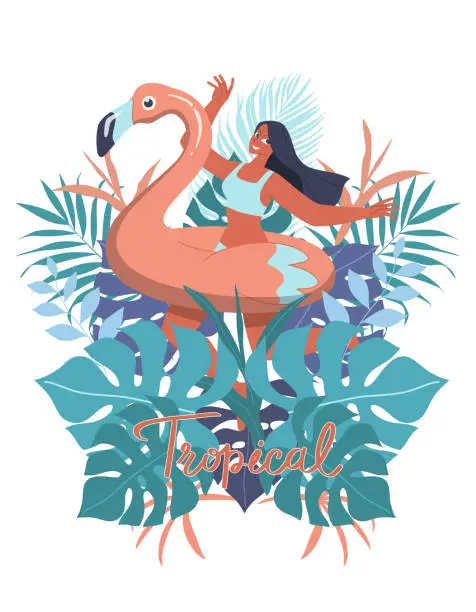 Vector illustration of Happy summer young woman in swimsuit on inflatable flamingo in Colorful tropical leaves summer, Template with place for banner, text. Vector design illustration.