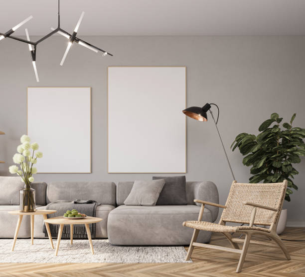 istock Mockup poster in cozy living room interior with gray sofa, 3d rendering 1506549693