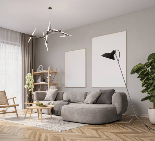 istock Mockup poster in cozy living room interior with gray sofa, 3d rendering 1506549699