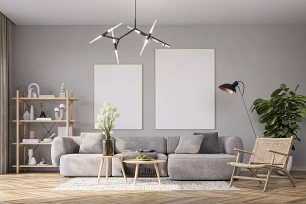 istock Mockup poster in cozy living room interior with gray sofa, 3d rendering 1506549705