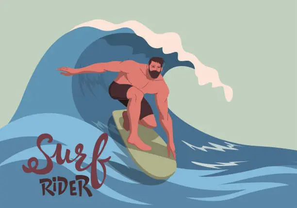 Vector illustration of Young man in swimwear surfing and big wave in sea or ocean. Happy surfers in beachwear with surfboards isolated on beach background.