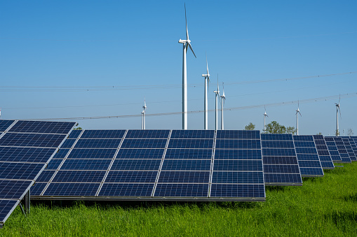 Wind turbines, solar panels and power lines seen in Germany