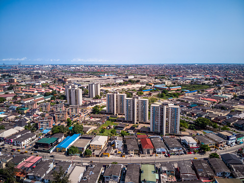 Aerial photography of the Eric Moore towers and the surrounding buildings in the mainland area of lagos, Nigeria.