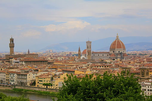 Panoramic view of  Florence from Michelangelo Square, Tuscany. The wonderful artistic and historical Florence city in Italy. Travel scene.