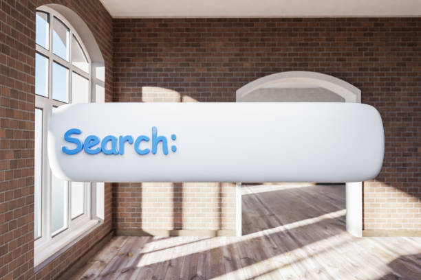 istock search box text floating in air standing in luxurious loft apartment with arched window and minimalistic interior living room design; 3D Illustration 1506560042