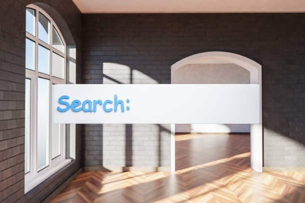 istock search box text floating in air standing in luxurious loft apartment with arched window and minimalistic interior living room design; 3D Illustration 1506560072