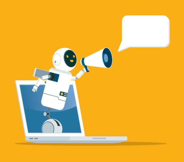 ilustrações de stock, clip art, desenhos animados e ícones de online chat bot - laptop - announcement message robot public speaker message