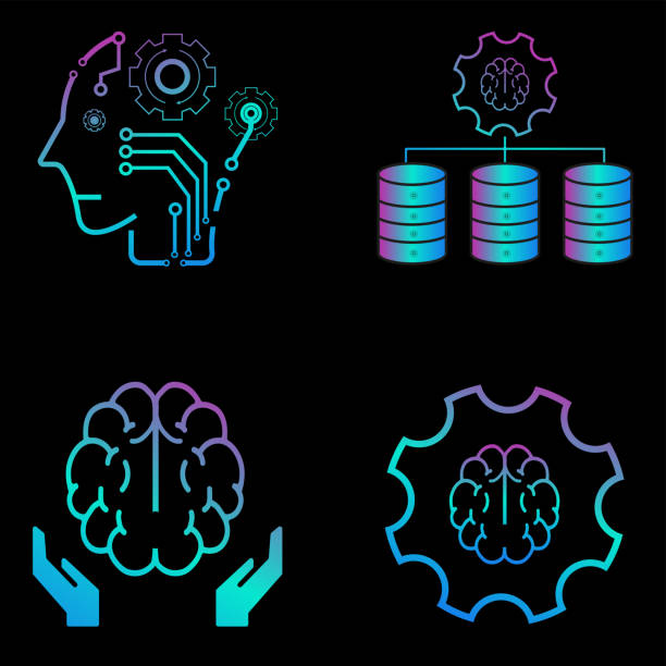 Set of 4 Colorful of pink and blue vector line icons related to AI concepts, and human technology icons, text analytics, and text mining on dark Set of 4 Colorful of pink and blue vector line icons related to AI concepts, and human technology icons, text analytics, and text mining on dark qr barcode generator stock illustrations