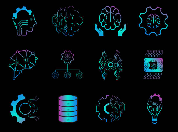 Set of 12 gradient color vector line icons related to the field of computational linguistics, robot and AI technology, language engineering icons Set of 12 gradient color vector line icons related to the field of computational linguistics, robot and AI technology, language engineering icons qr barcode generator stock illustrations