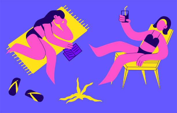 istock Cute girls in swimsuits sunbathing on the beach, set vector flat isolated illustration. 1506633999