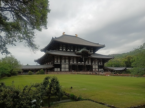A scenic view of Todaiji Buddhist temple on a cloudy day in Japan
