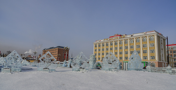 Harbin, China - Feb 21, 2018. Ice and Snow Sculpture during Winter Holiday at the city park in Harbin, China.