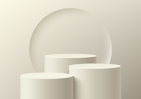 Abstract cream beige 3d background in studio room. Realistic 3d cylinder podium stand set with emboss circle shape behind. Render in minimal wall scene mockup product display stand. stage showcase.
