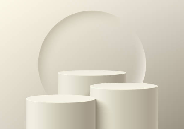 Abstract cream beige 3d background in studio room. Realistic 3d cylinder podium stand set with emboss circle shape behind. Render in minimal wall scene mockup product display stand. stage showcase. vector art illustration