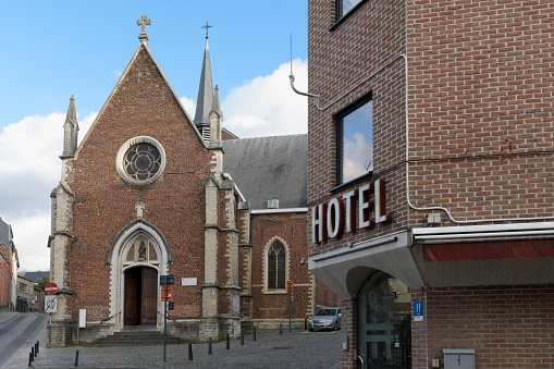 Pilgrimage church of St. Apollinaris (Apollinariskirche) built in the middle of the 19th century above the Rhine near Remagen.