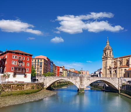 Bilbao city and Nervion river in San Anton Church and bridge of Biscay Vizcaya of Basque Country of Euskadi Spain