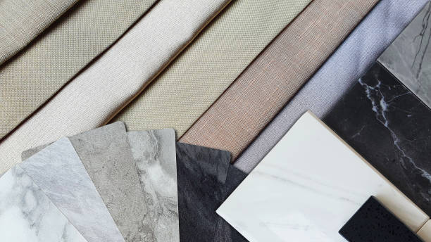 istock close up of interior material samples in top view contains stone ceramic tile, marble artificial stones, marble laminated swatch placed on multi color velvet drapery palette. 1506730434