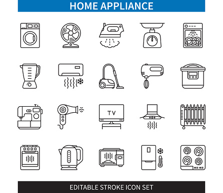 Editable line Home Appliance outline icon set. Washing Machine, Microwave, Vacuum Cleaner, Fridge, Electrical Heater, Electric Iron, Fan, Kitchen Blender. Editable stroke icons EPS