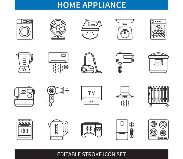 Home Appliance editable stroke icon set Editable line Home Appliance outline icon set. Washing Machine, Microwave, Vacuum Cleaner, Fridge, Electrical Heater, Electric Iron, Fan, Kitchen Blender. Editable stroke icons EPS electric stove burner stock illustrations