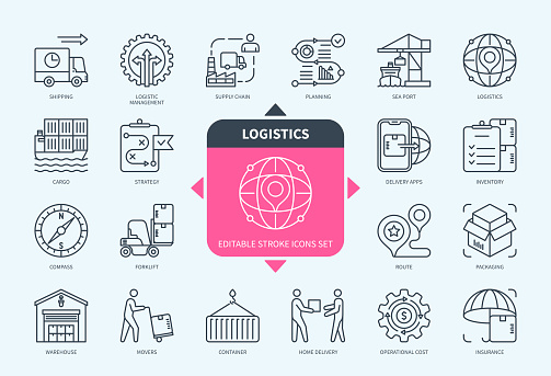 Editable line Logistics outline icon set. Delivery, Route, Warehouse, Forklift, Cargo, Planning, Supply chain, Inventory. Editable stroke icons EPS