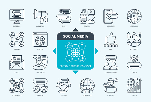 Editable line Social media outline icon set. Like, Blogging, Chat, Website, Trend, Marketing, Sharing, Influencer. Editable stroke icons EPS