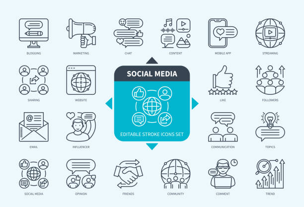 Social Media icons set with description Editable line Social media outline icon set. Like, Blogging, Chat, Website, Trend, Marketing, Sharing, Influencer. Editable stroke icons EPS social media icon stock illustrations