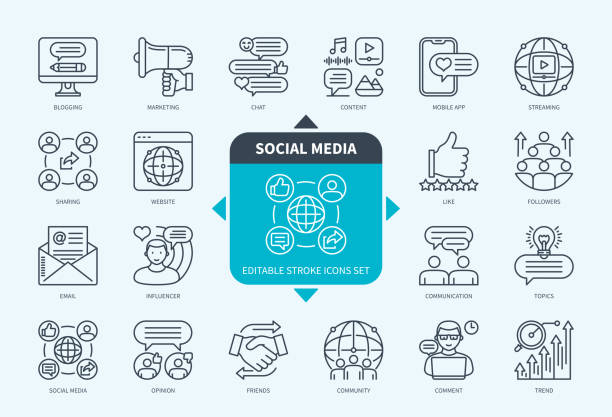 Social Media icons set with description Editable line Social media outline icon set. Like, Blogging, Chat, Website, Trend, Marketing, Sharing, Influencer. Editable stroke icons EPS Worshipper stock illustrations