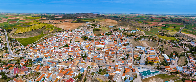 Saelices aerial view village in Cuenca at Castile la Mancha of Spain