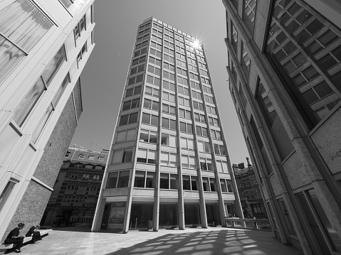 London, UK - June 08, 2023: The Economist Building iconic new brutalist architecture in black and white